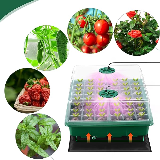 Seed Starter Kit with Grow Light Seedling Heat Mat 48 Cells Seed Starter Tray with Humidity Dome and Base Germination Trays Plastic Growing Trays Plant Propagation Kit for Seed Starting Green