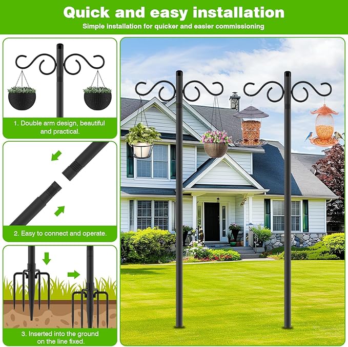 Double Shepherds Hooks for Outdoor3 Pack 90 Inch Bird Feeder Pole with 5 Prongs BaseHeavy Duty Shepherds HookSuitable for Garden in Hanging Flower BasketLanternBird Nests (3 Pack 90 inch)