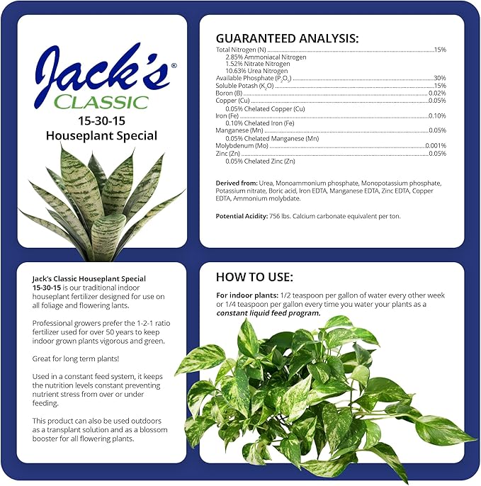 Jack's Classic 15-30-15 Houseplant Special Water-Soluble Fertilizer with Micronutrients to Green-Up and Increase Blooms in Houseplants 8oz 5 Pack
