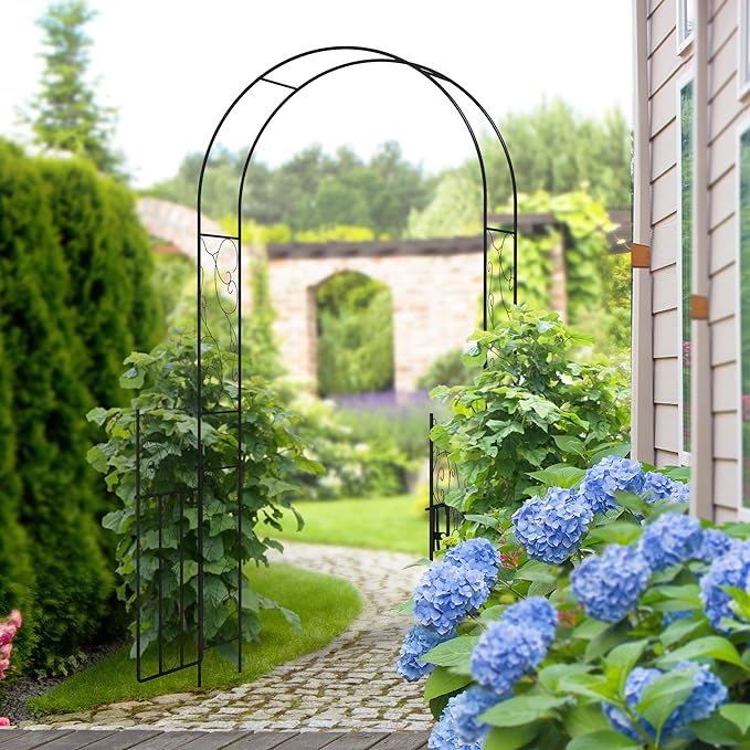 7.5' Metal Garden Arch with Gate Garden Arbor Trellis for Climbing Plants Roses Vines Wedding Arch for Outdoor Garden Lawn Backyard Black