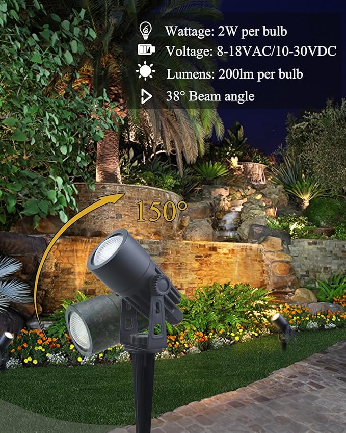 Outdoor Mini Spotlights MR11 LED Bulb 12V Low Voltage Landscape Spotlight 2W 200lm 2700K Warm White IP65 Waterproof Aluminum Light Fixture 1 1/4 Short Head 4-Count