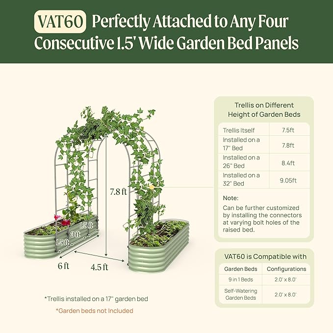 Vego Garden Modular Arched Trellis System 6.0' Long Trellis for 2.0' x 8.0' (9 in 1) Garden Bed for Climbing Plants Like Cucumber Beans Tomatoes &amp Vines (Garden Beds Not Included)