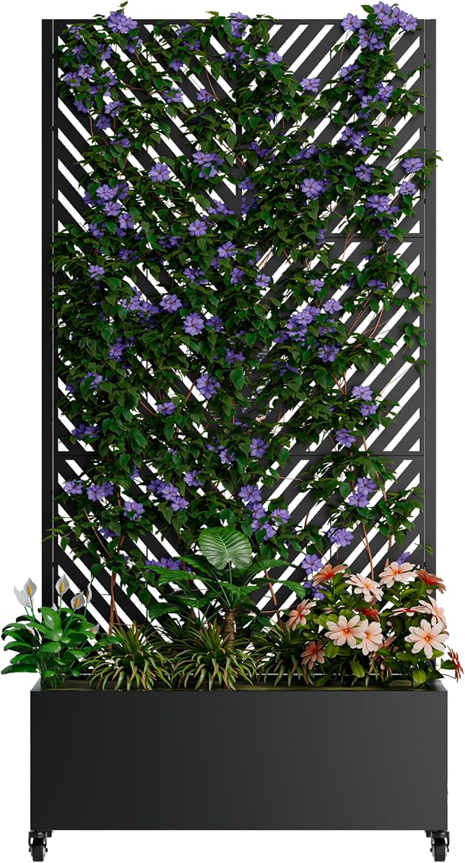 Metal Planter Box with Trellis Raised Garden Bed with Wheels Trellis Privacy Screen Planter for Climbing Plants Vegetables Vines Outdoor Garden Use Black-6
