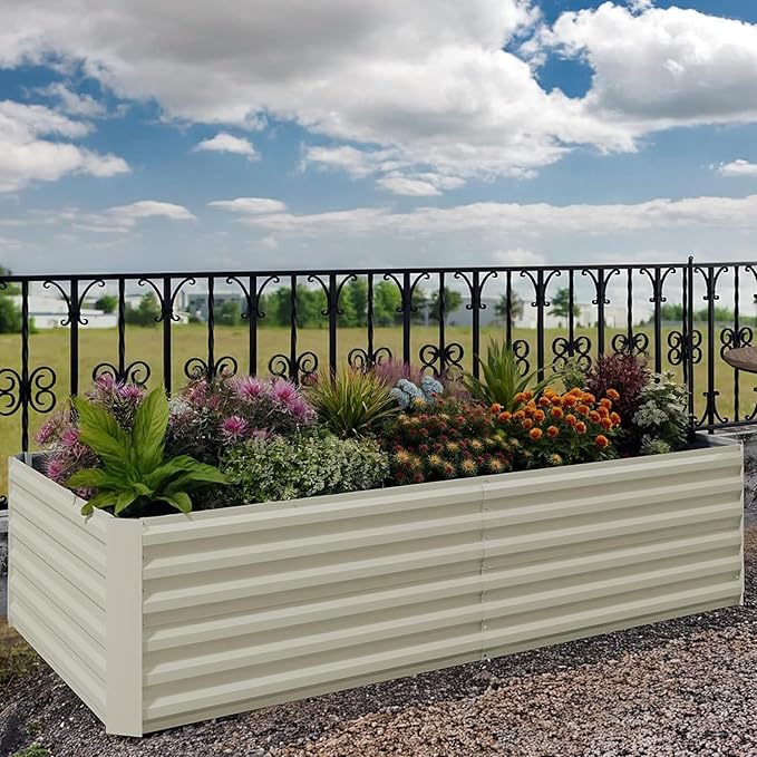 2PCS Square Raised Garden Bed 8×4×2FT Color Steel Plate Outdoor Planter Box (Beige)