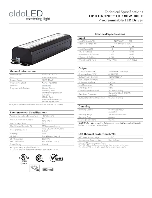eldoLED | 2743YH OPTOTRONIC OT 180W 800C Programmable LED Driver | Replacement for 79366 Osram | Ot180W/UNV/800C/2DIM/P6