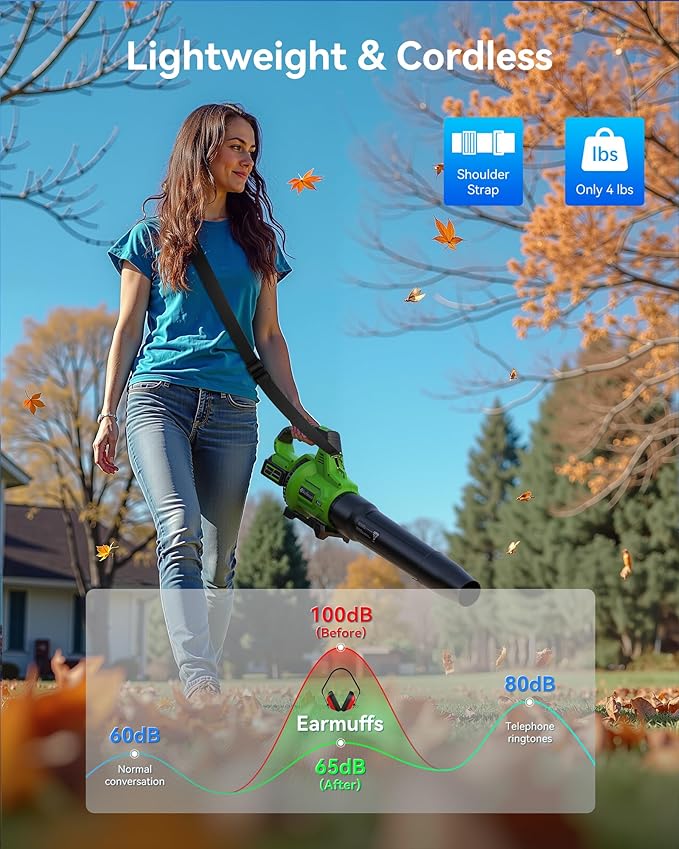 Cordless Leaf Blower 2x4000mAh Battery Powered Electric Leaf Blower with Noise-Reduction Earmuffs 165 MPH 650 CFM Garden Tools for Lawn Care Yard Patio Garage