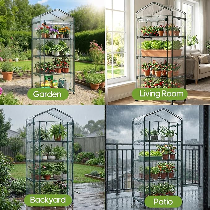 OLIXIS Greenhouse 27×19×63 4 Tier Green House with PVC Cover Roll-Up Zipper Door Wheels Portable Greenhouses for Indoor Outdoor Balcony Porch Garden Patio Backyard Green Houses (Clear)