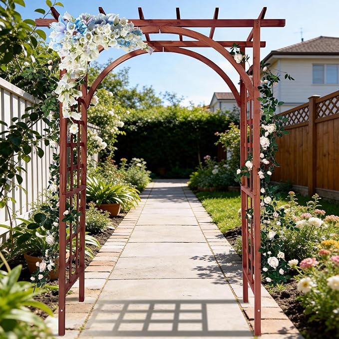 85 Wooden Garden Arbor Arch 7 ft Wood Garden Trellis with Arched and Flat Top Outdoor Walkway Arbor Stand for Plant Climbing Wedding Ceremony Decoration Pergola Patio Lawn Backyard Party