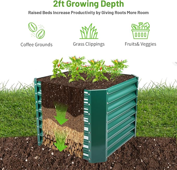 Land Guard 2×2×2 ft Galvanized Raised Garden Bed Kit Galvanized Planter Raised Garden Boxes Outdoor Large Metal Raised Garden Beds for Vegetables Green