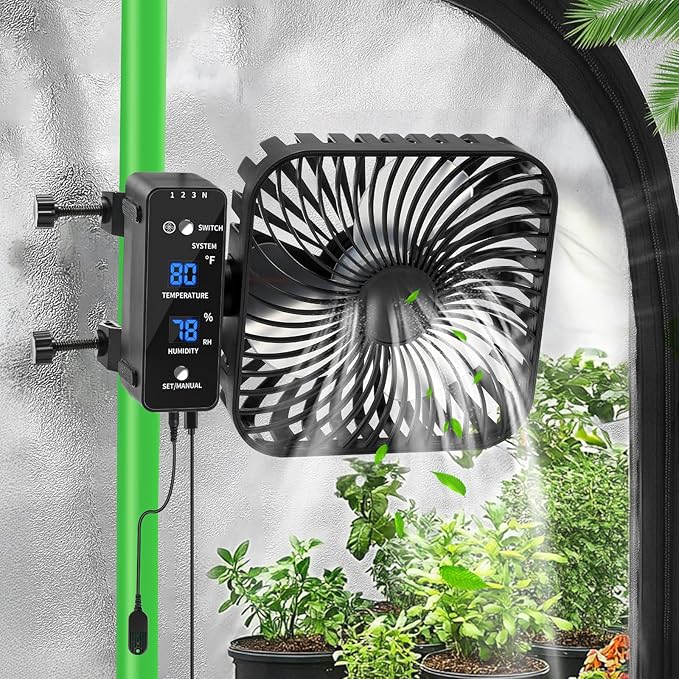 Grow Tent Fan 6” LCD Display with Sensor Adjustable Temp &amp Humidity Control 4-Speed 90° Oscillating Fan Strong Airflow for Indoor Growing Mushroom Box Desk Use