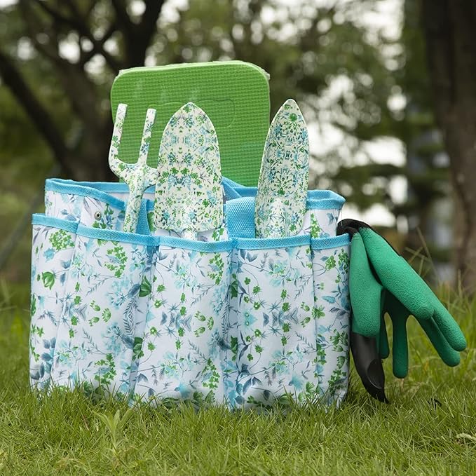 Garden Tool Set 9 Piece Aluminum Alloy Gardening Hand Tools Kit Gift for Women &amp Parent Gardening Supplies with GlovesToteKneeling PadHand PrunerTrowelHand RakeWeederForkTransplanter
