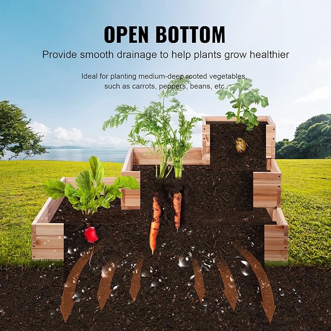 VEVOR 3 Tier Raised Garden Bed Wood Outdoor 45 x 45 x 20in High End Natural Fir Wood Planter Box Outdoor Planting Boxes for Flowers/Vegetables/Herbs in Backyard/Garden/Patio/Balcony with Open Base
