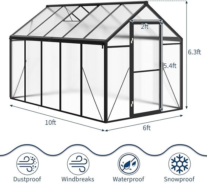 6 x 10 FT Greenhouse Outdoor Greenhouses Polycarbonate Panels with Aluminum Frame Adjustable Roof Vent and Lockable Door Green Houses for Outside Backyard Garden Patio