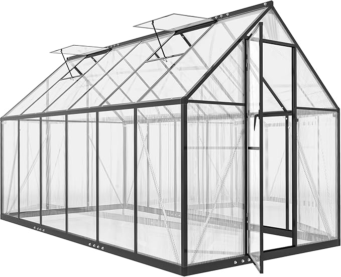 Outsunny 11x6 ft Polycarbonate Greenhouse with Swing Door and Two Adjustable Roof Vents Aluminum Walk-in Greenhouse Outdoor Greenhouse for Patio Garden Backyard Black