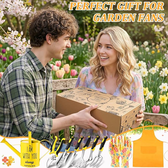 9 Pcs Garden Tools Set Gardening Gifts for Women Include 6 Heavy Duty Garden Hand Tools 1. 6L Christian Galvanized Metal Watering Can Apron Gloves Ideal Gifts for Women Mom Grandma(Yellow)