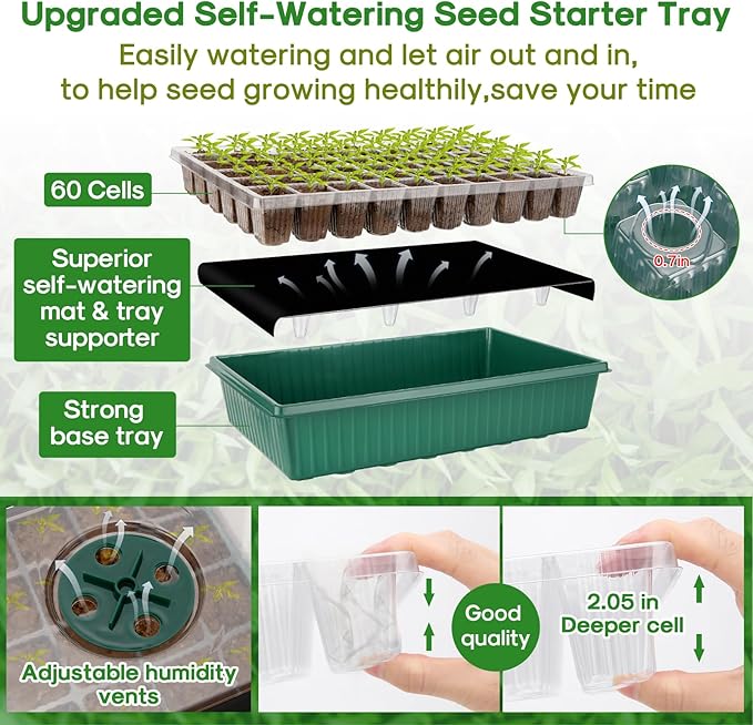 BlumWay 120-Cell Self-Watering Seed Starter Tray with Grow Light 1-24H Timer Seed Starter Kit with 4.02 Humidity Dome Seedling Tray for Indoor Plant Starter Plant Germination Trays-Green