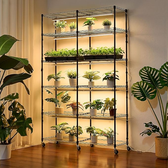 VEVOR Plant Shelf with Grow Light 6-Tier Double-Row Plant Stand 71in Tall Indoor Plants Display Rack with Wheels &amp Timer 200W Full Spectrum Grow Lights Metal Flower Pot Holder for Seed Startin