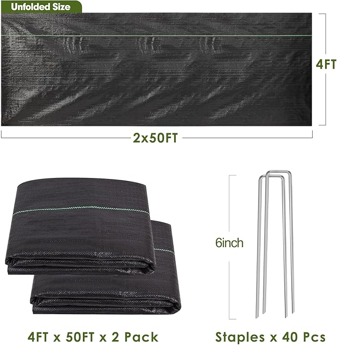 HongWay 4FT x 100FT Weed Barrier Landscape Fabric Weed Blocker Fabric Heavy Duty with 40 U-Shaped Staples Landscaping Weed Control Mats Ground Cover for Garden Beds Driveway Underlayment