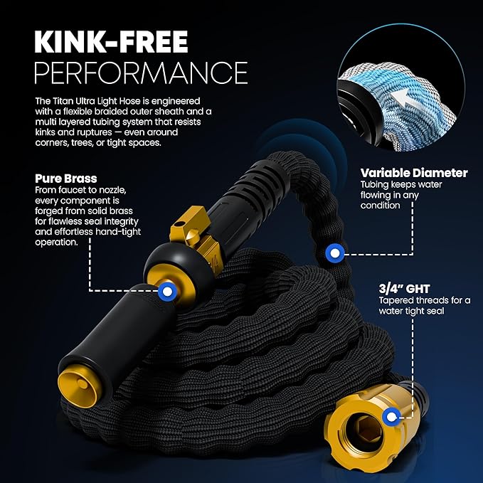 TITAN Flexible Garden Hose 10FT – Ultra Lightweight Heavy Duty Water Hose with Brass Fittings &amp Jet Nozzle – Kink-Free Non-Expanding Durable Fabric Hose for Yard Lawn Car Wash Outdoor Use