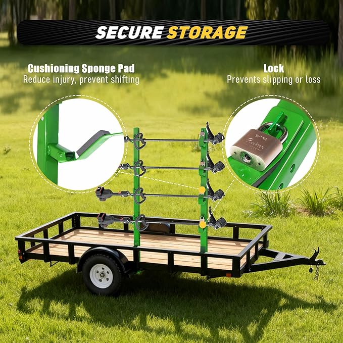4 Place Trimmer Weed Eater Rack Fit for Open &amp Enclosed Trailer Walls Landscape Truck Weedeater Rack Holder Carrier with 4 Lock-Green