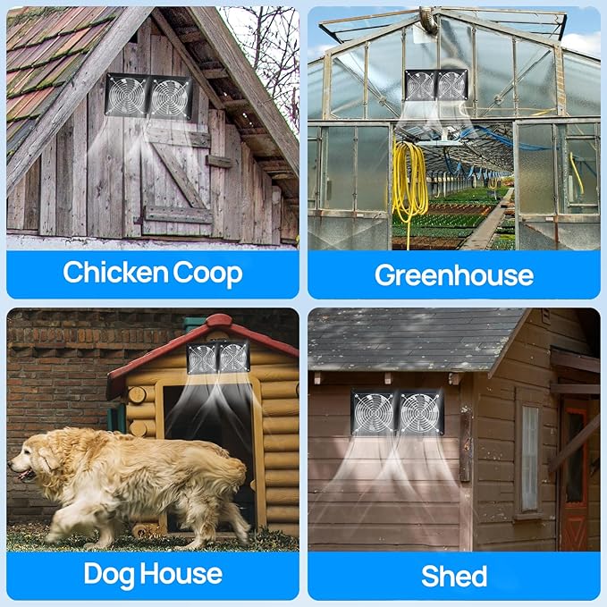 DC HOUSE 20W Solar Fan Powered Exhaust Fan for Chicken Coops Greenhouses Sheds Pet Houses and Windows - Waterproof and Plug Play Easy Connector Max Applicable Space 880ft3 (25 m3)