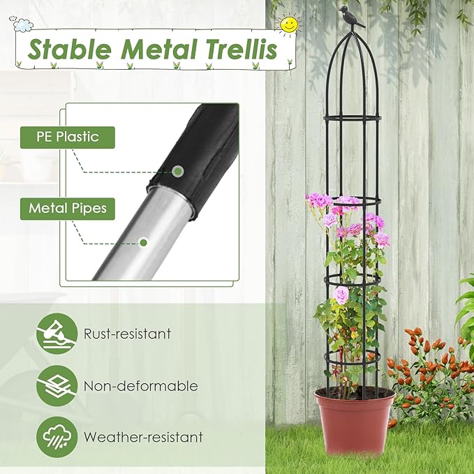 Happygrill Garden Trellis for Climbing Plants 78” Tall Metal Obelisk Trellis w/Adjustable Height Gloves Cable Ties 2 in 1 Plant Cages &amp Supports for Flowers Vegetables Vines Indoor Outdoor