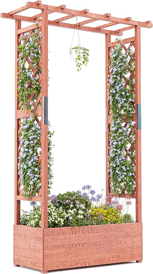 Elevated Wooden Planter Box with Arch &amp Side Trellis – Raised Garden Bed for Climbing Plants Vines Flowers – Hanging Roof 4 Drainage Holes Freestanding – Patio/Deck – Size:
