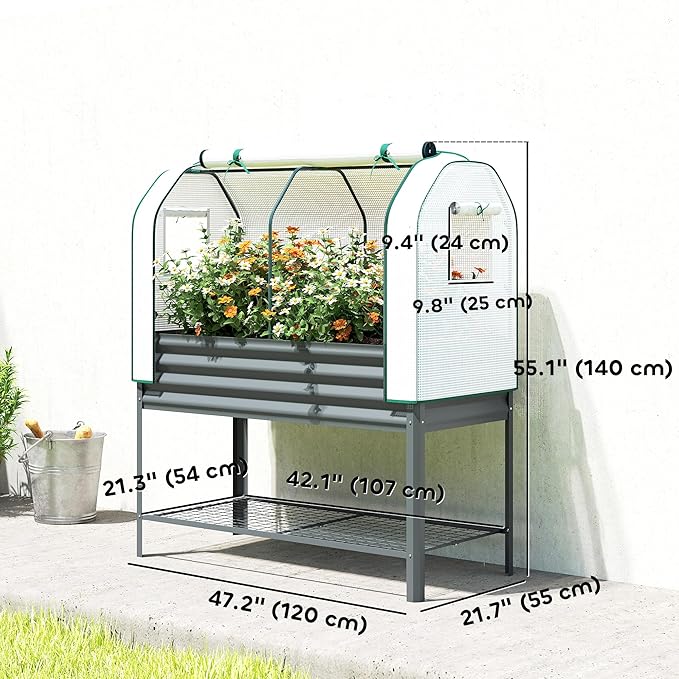 Outsunny Galvanised Raised Garden Bed with Greenhouse Cover Metal Elevated Garden Bed with Legs Bed Liner and Bottom Shelf Outdoor Raised Planter Box for Vegetables Herbs Flowers Dark Gray
