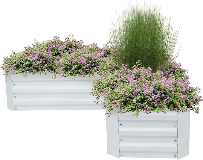 Sunnydaze Galvanized Raised Garden Bed - Metal Raised Bed for Gardening - Outdoor Planter Box for Flowers Plants and Vegetables - Ivory White - 12” H L-Shaped