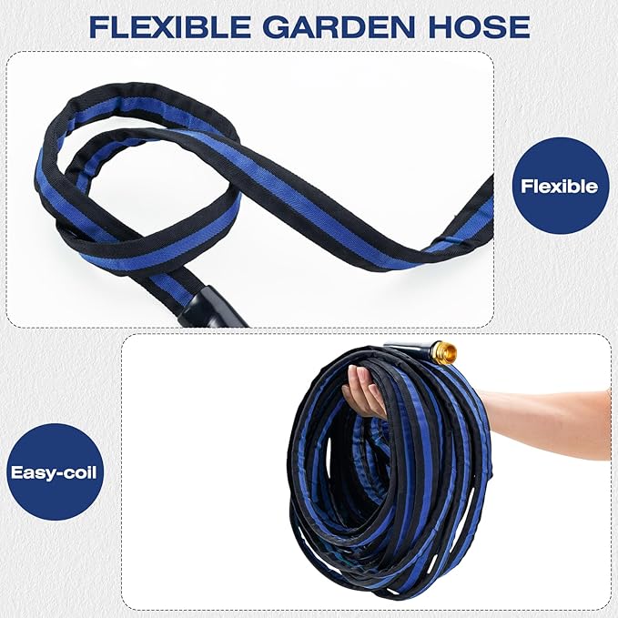 Ultra Lightweight 25FT Garden Hose - Heavy-Duty Kink-Free Flexible Hose Non-Expanding Design with Aluminum Brass Fittings Crush-Proof for Yard/Lawn/Outdoor Use(black-blue 25 FT)