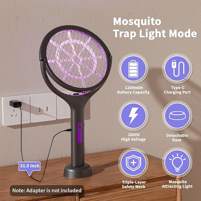 Rechargeable Electric Fly Swatter Telescopic Handle with Rotating Head 1200mAh Type-C Charging Indoor &amp Outdoor Handheld Bug Zapper for Mosquitoes and Flies