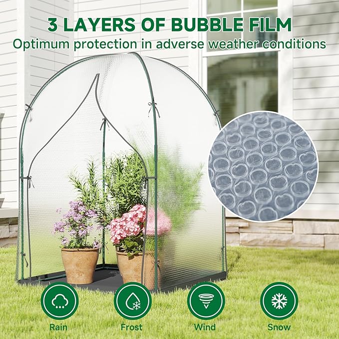 Portable Greenhouse for Outdoors Green House Tent with Thick Bubble Film Cover Ground Mat Zippered Door Walk-in Mini Green House Kit for Outside 47.2x47.2x71 Inch