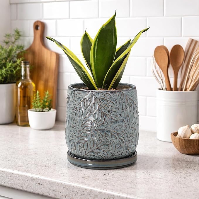 D'vine Dev 5 Inch Embossed Leaves Stoneware Planter Pot with Drainage Hole and Saucer Graphite Blue 27-A-V-9