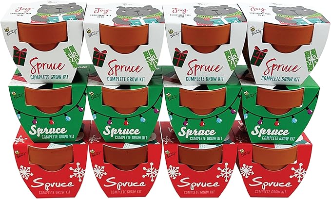 BUZZY Seeds Holiday Mini Spruce Kit 12-Pack – Terracotta Pots with Bear Penguin and Snowman Designs All-in-One Tree Seed Starter Set Stocking Stuffer Party Favor