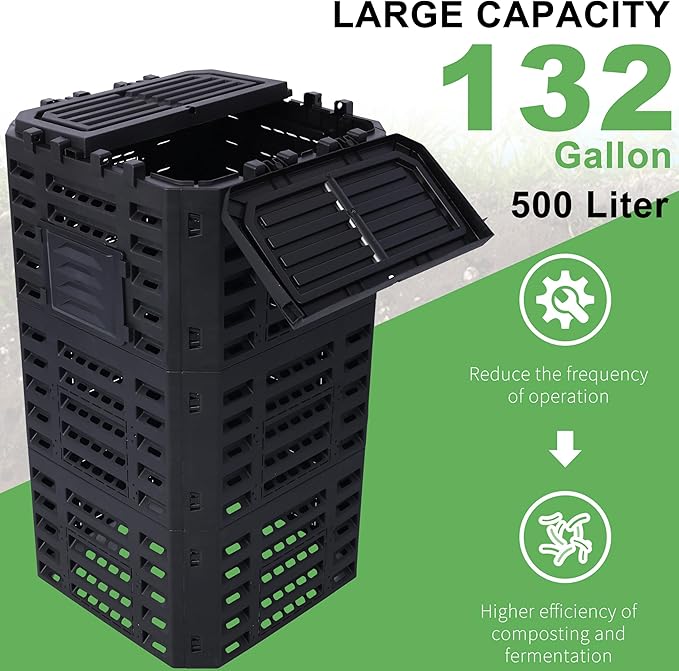 Black Garden Composter Bin - 132 Gallons of Recycled Plastic for Easy Assembly &amp Aerating Composting – Create Fertile Soil with Lightweight Outdoor Compost Box