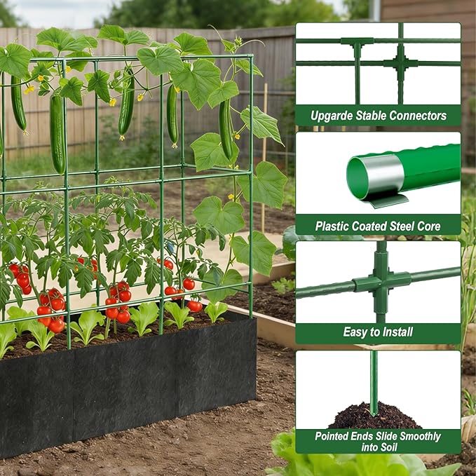 Cucumber Trellis with 46 Gallon Grows Bag 51x17x65Inch Squar Outdoor Indoor Greenhouse Tomato Cage Garden Trellis with Plant Support Clips for Climbing Plants Squash Vegetables Pumpkin Pea Grape