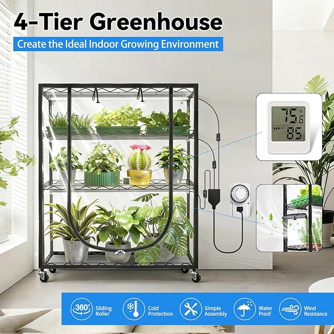 JESLED Indoor Greenhouse with Grow Light 3FT Full Spectrum 5000K LED Light for Seed Starting Tiered Lighting Control Built-in Timer &amp Thermo-Hygrometer Rolling Metal Plant Stand (35.4x13.8x59I