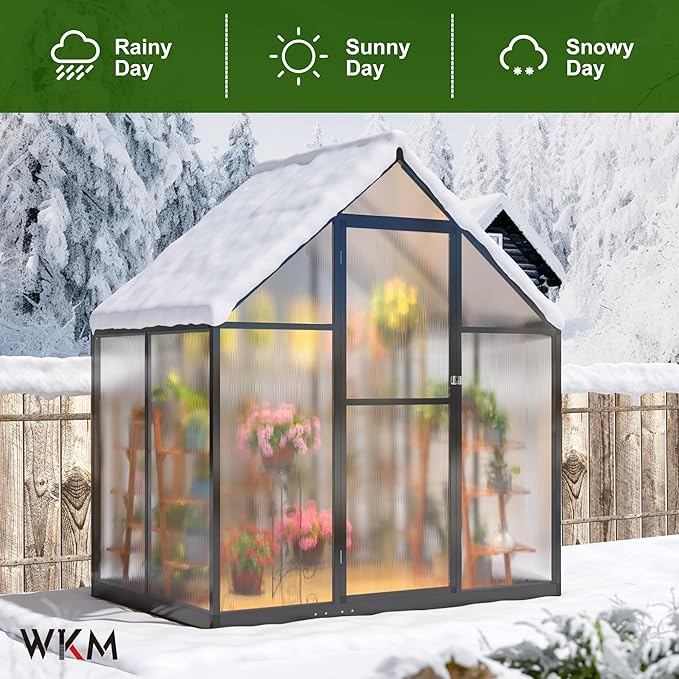 WKM 4x6 FT Greenhouse for Outdoors Quick-fit Structure Polycarbonate Green House with Window for Ventilation Walk-in Aluminum Greenhouse for Outsides Garden Backyard Black