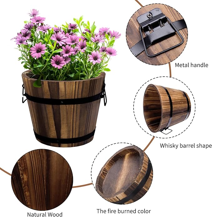 Adnee 4 Pack Wooden Whiskey Barrel Planters - 4 Sizes Wooden Bucket Barrel Garden Planters Set - Rustic Flower Planters Pots Container for Indoor Outdoor Garden Home Plants(4.76.17.19)