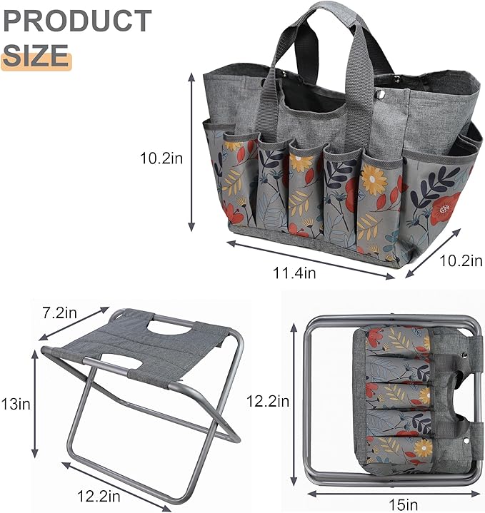 MDSTOP Folding Gardening Stool with Detachable Storage Tote Bag Gardening Tools Set Organizer for Fishing Outdoor Sports Hiking Camping Garden Gardening Gifts for Mom/Dad Without Tools (Aluminum)