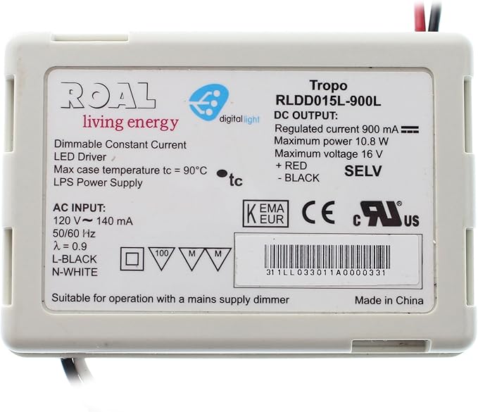 ROAL RLDD015L-900L Dimmable LED-Driver 120V-In 900mA 16VDC @ 10.8W UL Listed