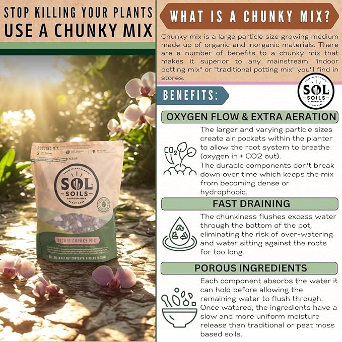 Sol Soils Chunky Orchid Potting Mix - 100% Peat-Free Lightweight and Aerated with Coconut Husk Perlite &amp Recycled Forest Products for Fast Draining Healthy Orchids - 2 Quarts