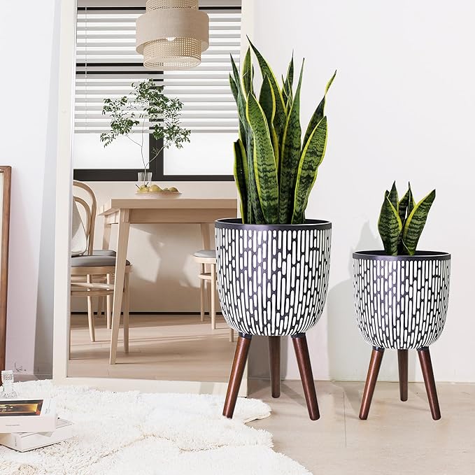 2 Set Plant Pot with Stand 10 &amp 12 inches Mid-Century Large Planter with Legs for Indoor Plants Boho Print Standing Plant Pot with Drainage Plug for Monstera Herb Succulent Flower Pot