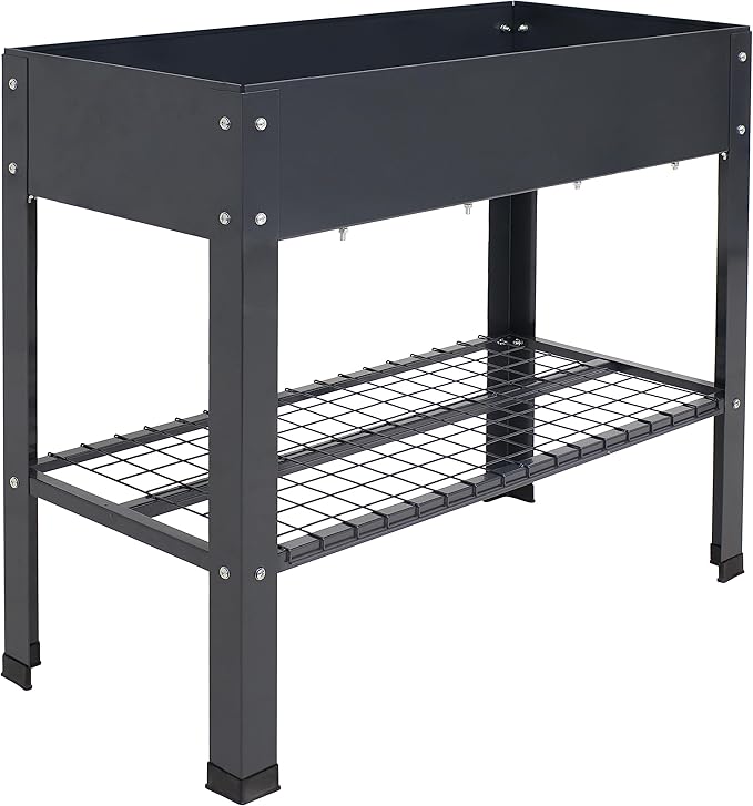 Sunnydaze Galvanized Steel Raised Garden Bed - Set of 2 Elevated Planter Boxes - Individual or Connected Use - Features Lower Storage Shelf – Dark Gray