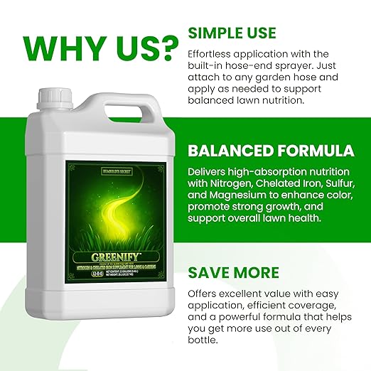 Humboldts Secret Greenify | 12-0-0 Nitrogen &amp 6% Iron Liquid Lawn Fertilizer Concentrate | Chelated Iron Supplement for Healthy Grass Turf and Garden Growth | 2.5 Gallon Refill for Healthy Growt