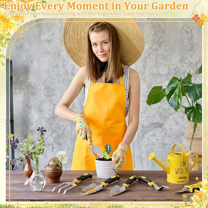 9 Pcs Garden Tools Set Gardening Gifts for Women Include 6 Heavy Duty Garden Hand Tools 1. 6L Christian Galvanized Metal Watering Can Apron Gloves Ideal Gifts for Women Mom Grandma(Yellow)