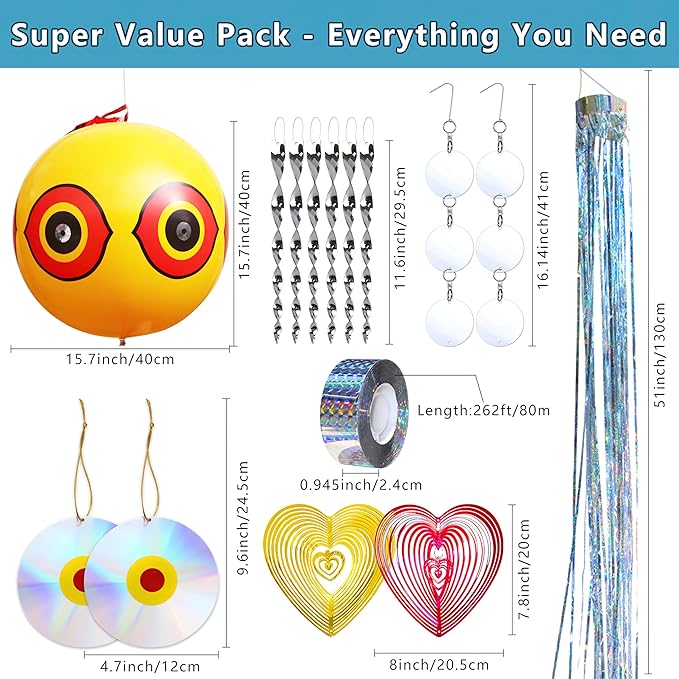 Bird Repellent Devices Kit14 PieceReflective Scare Rods Bird Scare Tape Discs Heart Wind Spinners Keep Woodpeckers Pigeons &amp Geese Away Effective Hanging Decor for Patio House Siding