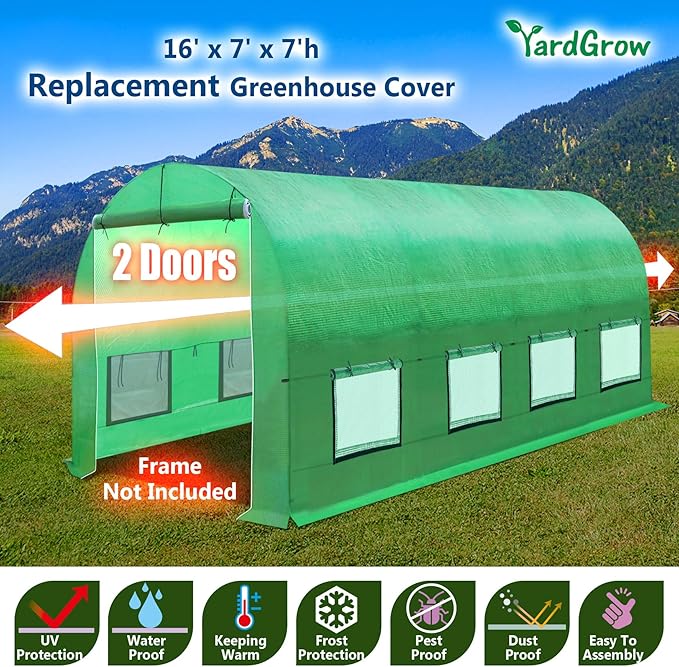 YardGrow 2-Doors Replacement Greenhouse Cover for Larger Walk in Outdoor Yard Plant Gardening Hot House Cover ONLY (12'x7'x7' Green)