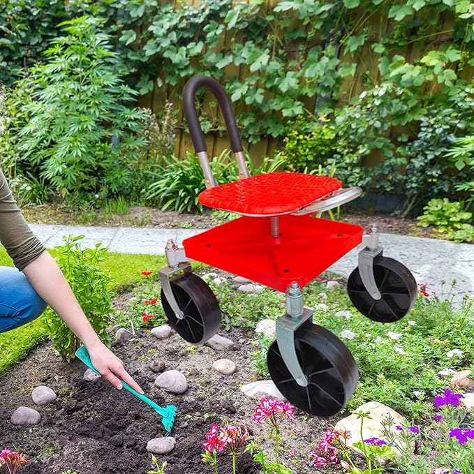 Garden Rolling Work Seat Gardening Stool Breathable PP Seat 360° Rotating Garden Chair for Planting Lawn Care and Car Maintenance red