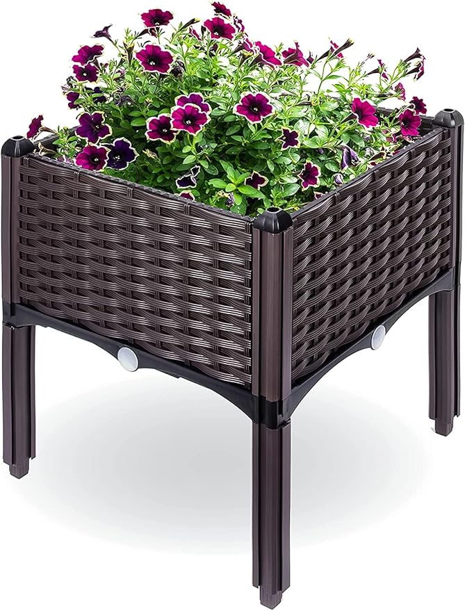 Raised Garden Planter Resin Elevated Flower Bed Box Kit for Vegetable Flower Herb Gardening | 16 X 18 Wicker Pattern Brown